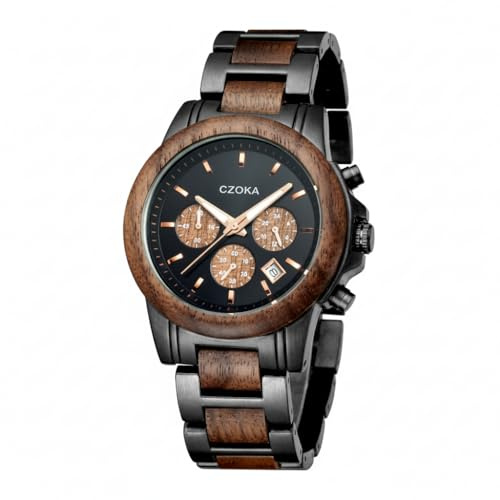 Montre-Bracelet à Quartz analogique, CZOKA 100% Sandalwood/Ebony/Zebra Wood/Mouvement à Quartz Japonais Montres Bracelet réglable en Bois, avec boîte Cadeau & Outil, Rétro-éclairage, imperméable