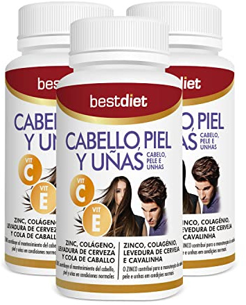 Vitaminas Cabello, Piel y Uñas 60 Cápsulas – Pack 3 Con Biotina, Zinc, Colágeno Marino Hidrolizado, Levadura de Cerveza y Vitaminas – Complemento Alimenticio para el Cuidado Diario – Best Diet