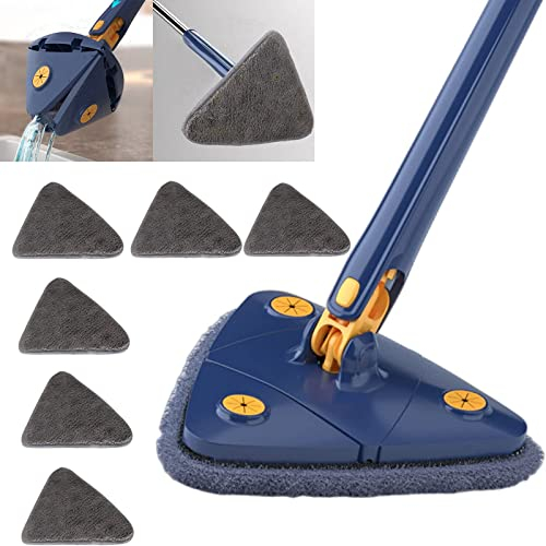 Earnmore Mopa de Limpieza Triangular de 360 Grados, trapeador telescópico Triangular Giratorio Ajustable, fregona multifunción de Empuje automático (Azul + 6 Almohadillas)