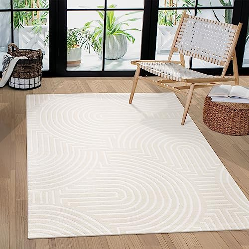 Paco Home Teppich Wohnzimmer Schlafzimmer Modern Kurzflor Skandinavisches Boho Muster Regenbogen japandi Geometrisch 3D Effekt Creme, Grösse:200x290 cm, Farbe:Creme 2