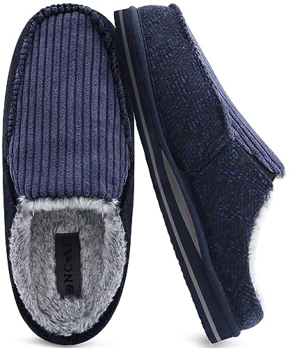 ONCAI Mens Clog Slippers with Arch Support Stripe Faux Fur Cotton-Blend High-Density Memory Foam Warm House Slippers Slip-on Indoor Outdoor Rubber Sole Size 6-15