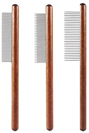 3 Stück Fellpflegekamm für Haustiere, Haarentfernungskamm mit Holzgriff, Badekamm für Haustiere, Flohkamm für Hunde, Fellkamm für Katzen, Feinzahnkamm für Haustiere zur Haarentfernung