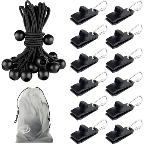 TAIHOBO 37 Stück Planenclips Camping Clip, Zeltplane Befestigungsclips, Heavy Duty Tarp Klemme Heckzelt Clips, 12 Spanngummi mit Kugel und 12 Karabiner Clips für Campingzelte Bootsabdeckung Vordächer