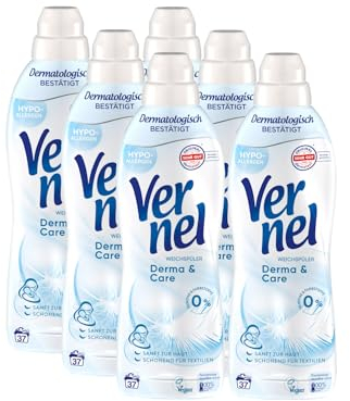 VERNEL Derma & Care Weichspüler 6x 37 WL (222 Waschladungen), hypoallergener & speziell für sensible Haut entwickelter Wäscheduft sorgt für unwiderstehliche Weichheit, recycelbar