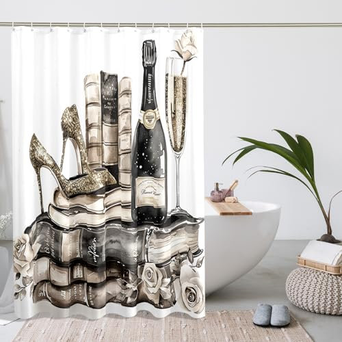 Champagne Books Glitter Heels Shower Curtain, Gold Black Beige Elegant Modern Luxury Decorative Waterproof Fabric for Bathroom Decor Set with Hooks 72x78 Inch
