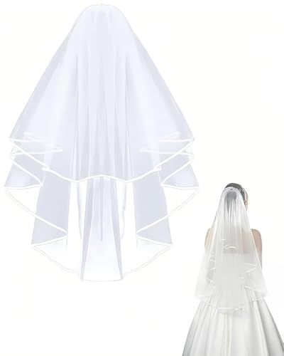WUNZILO Voile de Mariage,Blanc Voiles Mariage de Mariée 2 Niveaux avec Peigne Voile Simple du Bout des Doigts Bord Coupé Voile de Tulle de Mariée pour Douche Nuptiale Décoration Fête de Nuit de Poule