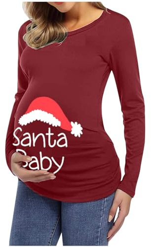 Camiseta larga con letras superiores, manga larga, para maternidad, Navidad, vestido de embarazo, blusa de maternidad, suéter de maternidad, Vino, M