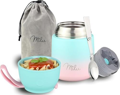 Milu® Termosbehållare för mat 450 ml, rostfritt stål, termisk lunchlåda, soppbehållare to go, termolåda, termoburk för att hålla sig varm soppor, matbehållare, grömmare för resor, mintrosa 450 ml