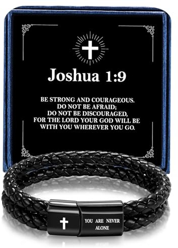 Alissl Men's Leather Bracelet with Cross Bible Verse, Double Layer Black Genuine Leather Bracelet for Men, Christian Religious Baptism Easter Gift for Men Dad Husband Boyfriend Grandson Son