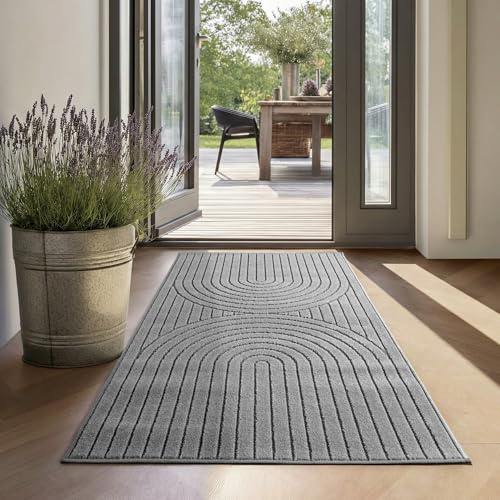 SIMPEX Tappeto da esterno e per soggiorno, Camera da Letto, Veranda - Pelo Corto Grigio Effetto Alto-Basso, Morbido e Lavabile, Adatto per Esterni, Facile da Pulire, 80x150 cm