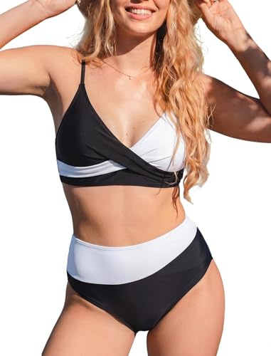 TcIFE Femme Bikini Set Col V Taille Haute Maillot de Bain 2 Pièces Contrôle du Ventre Color Block Beachwear Swimsuit