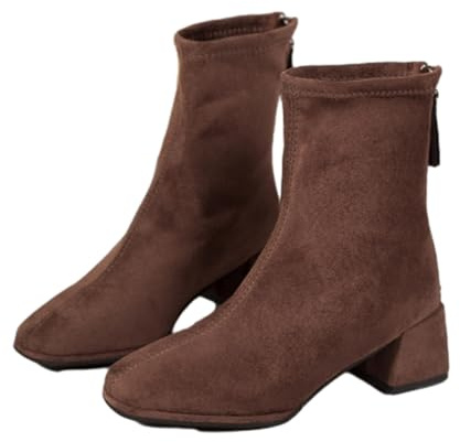 WXDTW Stivali con punta quadrata da donna, vintage, con tacco alto e grosso, con cerniera posteriore, stivaletti casual antiscivolo in pelle scamosciata solida, Marrone, 36.5 EU