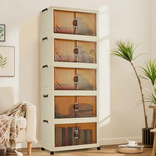 Garvee Faltbarer Aufbewahrungsschrank 5 Ebenen, 57cm Breit Stapelbarer Kleiderschrank mit Doppeltüren, Werkzeuglose Montage Kunststoff Lagerschrank für Schlafzimmer Wohnzimmer, Weiß-Grau
