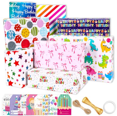 GYOYEDE 8 Sheets Birthday Wrapping Paper, 70x50cm Colourful Gift Wrapping Paper for Boys Girls Men Women,Recyclable Gift Wrap with Tape for Birthdays, Mother's Day, Weddings, Baby Shower.
