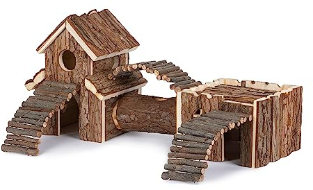 Petlicity Wooden Hamster Playground – Natural Cedar Wood Climb and Hide Pet Boredom Breaker Play House Hideaway and Gnawer for Small Animals Hamsters Gerbils Rats Mice Mouse (Horizontal)