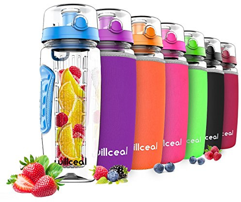 willceal Fruit Infuser Water Bottle 32oz Durable, Large - BPA Free Tritan,Flip Lid, Leak Proof Design - Sports, Camping (Blue)