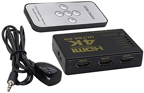 zdyCGTime Conmutador HDMI 4K de 5 Puertos Con Control Remoto IR, 1080P HD Video 5 en 1, Para HDTV Digital, Decodificador, DVD, Xbox360 y Otros Dispositivos (1 Pieza)