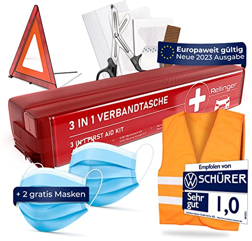 Rellinger® [3 in 1] Verbandskasten Auto 2024 für HU geprüft [EUROPAWEIT GÜLTIG] - inkl. 2x Gesichtsmasken + Warnweste & Warndreieck & Verbandsmaterial - Erste Hilfe Set Auto [DIN 13164 ZERTIFIZIERT]