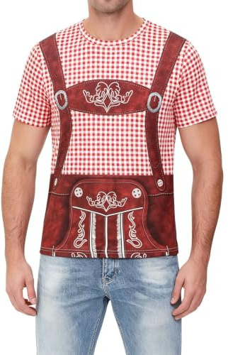 maxToonrain T Shirts for Men Oktoberfest Costume 4XL,Adult Traditional Bavarian Lederhosen Shirt Shortsleeve Plaid 3D Print Shirts for Mens(Red,L)