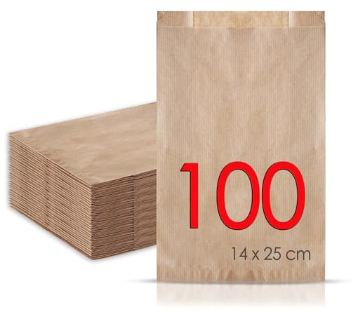 MAMAPAS 100 sacchetti di carta kraft 14 + 5 x 25 cm, sacchetti di carta per pane, piccoli sacchetti per caramelle, sacchetti per biscotti, sacchetti regalo, sacchetti per panetteria, sacchetti per il