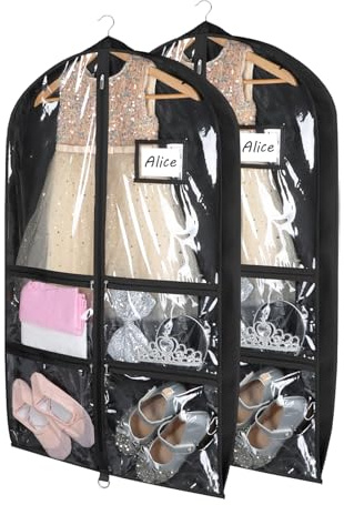 Syeeiex 3 Gusseted Clear Dance Costume Garment Bag, 40'' Dance Garment Bags for Dancers with 4 Zippered Pocket & Can Hold 1-3 Dance Costumes - Suitable for Dance Competitions, Ballet(Black, 2 Pack)