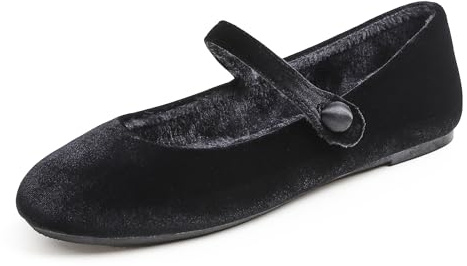 Feversole Women's Velvet Mary Jane Scarpe Basse Classiche Décolleté Eleganti Mary Jane con Fibbia Morbida Scarpe da Ballo per Balletto per Donna Velluto Nero Foderato di Pelliccia 39
