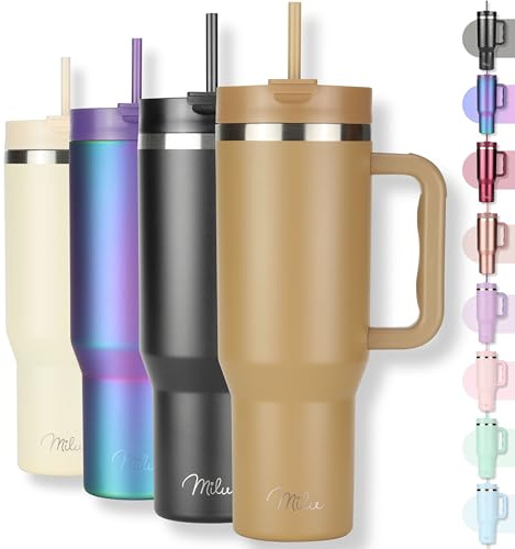 Milu Thermobecher 1200ml mit Strohhalm und Henkel – 48h Eis/24h kalt/12h heiß Edelstahl Tumbler 40oz mit Griff - Isolierbecher to go - Isolierflasche Trinkflasche doppelwandig isoliert (Braun, 1,2L)