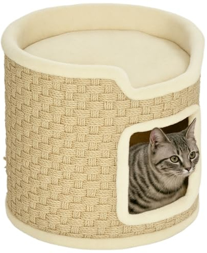 PawHut Tonneau à Gratter pour Chat, Arbre à Chat, Recouvert de Peluche, Corde d'Herbe de Mer pour Griffer, Capacité de 5 kg, Ø 38 x 37H cm Kaki et Beige