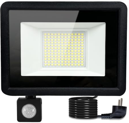 MOLVCE 50W LED-strålkastare med rörelsedetektor, 3000K varmvitt superljusstark strålkastare, utomhusstrålkastare med 1,5 m kabel, IP66 vattentät LED-utomhusbelysning för garage, idrottsplats, terrass