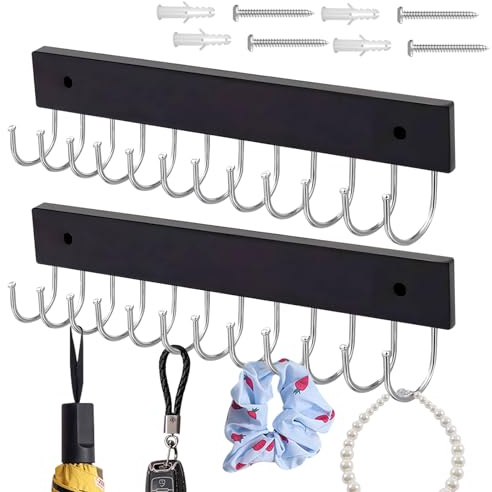 Thatyro 2 Pack Black Wooden Necklace Holder Wall, Wall-Mounted Necklace Hanger with 12 Hooks & Screws, Tangle-Free Jewelry Wall Organizer Rack for Hanging Belt Closet Purse Tie Earring Key (1)