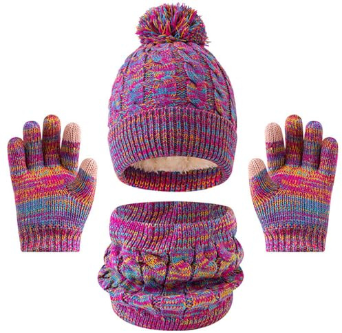 BESTORI 3 en 1 Ensemble de Bonnet Pompon Echarpe Doublure Polaire Gants d’écran tactile Hiver pour Garçons Filles de 4 à 10 Ans, Arc-en-ciel
