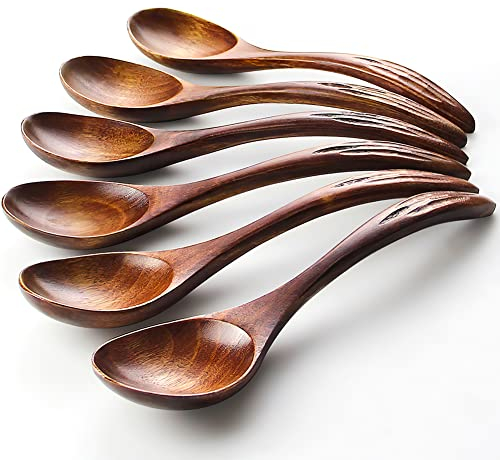 Cucchiaio Legno Set Di 6 Cucchiai Da Zuppa in Naturale Stile Giapponese, Utensile da Cucina per Caffè, Miele Manico Corto Bambini Riso Dessert Cucchiaio da Cucina per la Cena Set di stoviglie