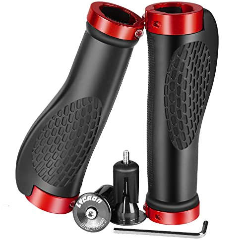 LYCAON Ergonomic Fahrradgriffe mit 2 Dehnbaren Aluminium - Endkappen, Fahrradlenker - Griffe für MTB/BMX/Mountain/Downhill/Klappbare/Urban Fahrräder/Scooter (Rot, Expandierbare Endkappen)