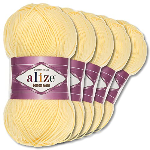 Wohnkult Alize 5 x 100 g Cotton Gold Premium Wolle| 39 Farben Sommerwolle Garn Stricken Amigurumi (187 | Hellgelb)