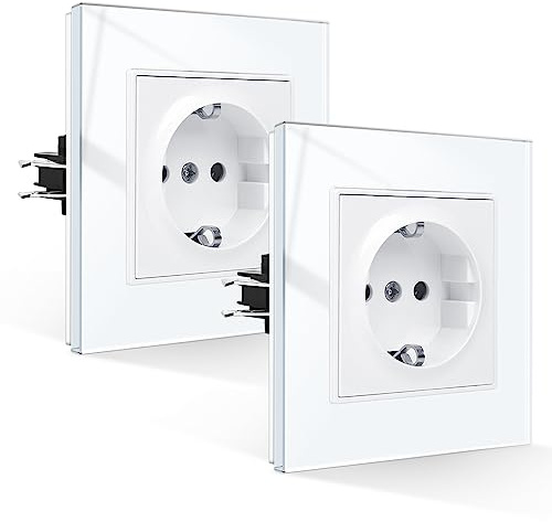 Pack de 2 CNBINGO Enchufe Schuko empotrable con garras, enchufe individual de placa de vidrio templado, enchufe de pared con protección de contacto, 1 compartimento, 16A, 250V