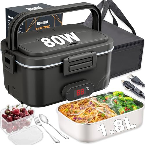 Homhut Scaldavivande Elettrico Portatile Display Temperatura 80W Lunch Box Elettrico 1.8l Elettrico Portavivande Contenitore 12/24/230V Porta Pranzo Elettrico Per Ufficio/Camion/Auto Borse(Nero)