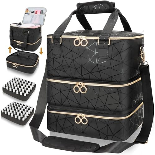 Bolsa organizadora de Esmalte de uñas Grande con Capacidad para 84 Botellas (15 ml) y lámpara de uñas, Estuche de Transporte de Esmalte de uñas, Suministros de uñas de Viaje (Negro)