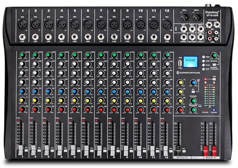 Depusheng DT12 Console de mixage audio de studio 12 canaux avec interface de contrôleur de son DJ et clé USB pour enregistrement sur ordinateur, alimentation 48 V, pour professionnels et débutants