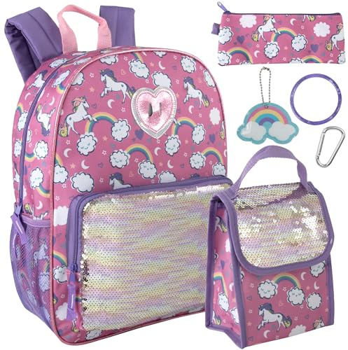 Trail maker Girl's 6 in 1 Backpack Set with Lunch Bag, Pencil Case, Scrunchie, and Pom Pom Key Ring Set (Sparkle Unicorns)