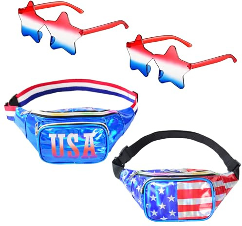 2 Set 4th of July USA Flag Fanny Pack, Patriotic Belt Waist Bag Glasses Set