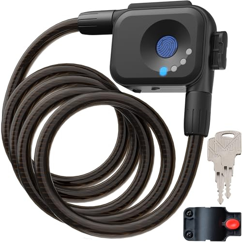 OFASONO　Fingerprint Bicycle Lock with Key Lightweight Anti-Theft and Weather Resistant Digital Electronic biometric Intelligent Cable Lock 4.92 Feet Cablelock Electric Scooter Lock Safety Helmet