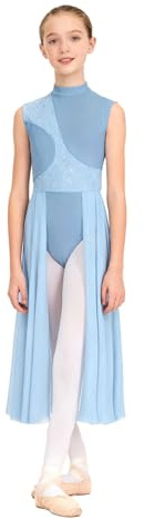 Miutii Vestito da danza lirica per bambine, vestito da balletto con gonna asimmetrica in pizzo floreale, vestito per pattinaggio artistico, danza moderna contemporanea, abbigliamento da ballo, Azzurro