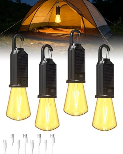 Bonlux USB Rechargeable Camping Lights, Solar Powered Waterproof LED Camping Lantern, Warm White Dimmable Outdoor Emergency Light with Hanging Hook for Tent, Power Cuts, Hiking, Pack of 4