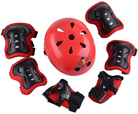 1Set(Black+Red) 7 in 1 Sports Skateboard Protection Sets Cycling Roller Skating Helmet/Elbow Pads/Knee Pads/Wrist Pads Safety Protective Guard Gear for Kids Children(M for 8-12 years old)