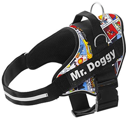 Arnés Personalizado para Perros - Arnés para Perros Reflectante y Seguro - Incluye 2 Etiquetas con Nombre - Tamaño Pequeño, Mediano y Grande - De Calidad y Resistente (XS 3-7KG, Cómic)