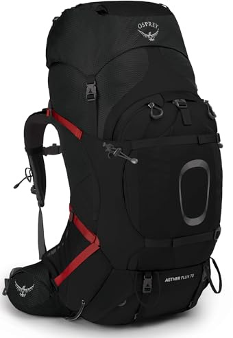 Osprey Aether Plus 70L Men's Backpacking Backpack, Black, L/XL