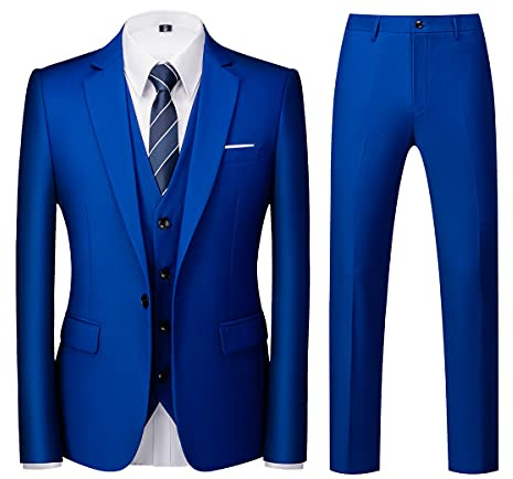KUDORO Costume Homme 3 pièces Slim Fit Smoking Simple Poitrine à Un Bouton, Men Suits 3 Piece pour Mariage Business Fête Confort Elégant Blazer Veste et Pantalon Gilet(Bijou Bleu,L)