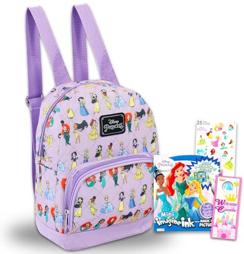 Disney Princess Mini Backpack - 10 Iconic Woven Small Backpack with Front Pocket & Stickers Bundle | Adjusts to Fit Kids, Toddlers, Teens, Women, Girls