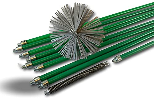 Kit de ramonage pro conduits non gainés | Hérisson acier | Ø 180 mm | 12 m en 9 cannes vertes autobloquantes Ø 18mm creuses | Ressort de départ | 8 * 1,4 m + 1 * 1 m| Cheminées | Kibros 5KIT18ALO