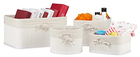 Relaxdays Cestos Almacenaje Set de 4, Bambú y Funda de Tela, 4 Tamaños, Caja de Juguetes, Cosméticos y Toallas, Blanco